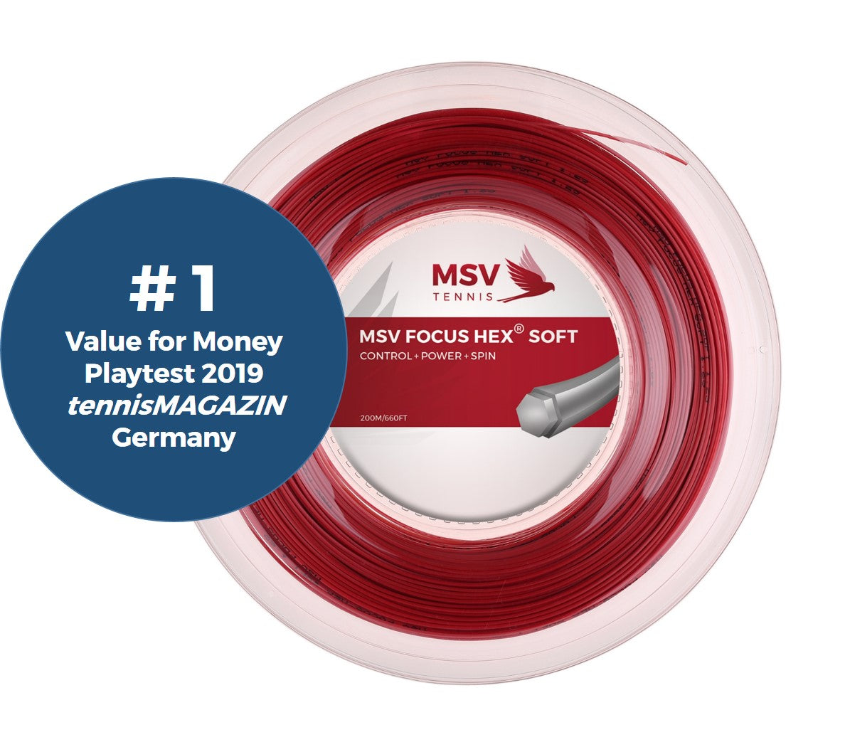 MSV Focus HEX Soft Tennis String Reel, 16L/1.25 Gauge, Red