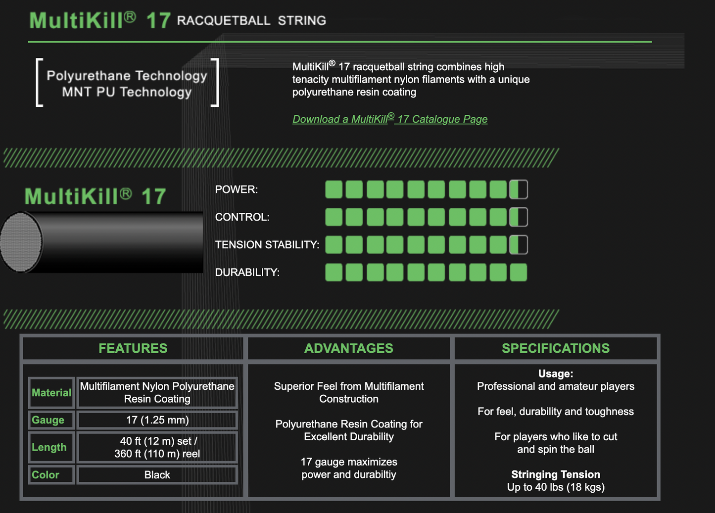 MULTIKILL 17 BLACK 40' (12M) Racquetball string set